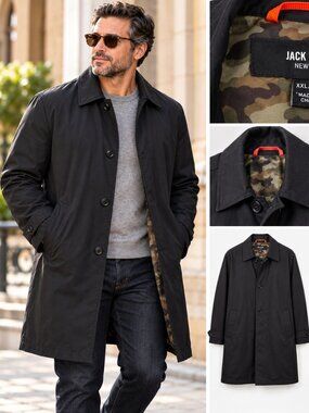 Jack Spade New York Men's XXL Black Mac Car Coat Camo Lined Button Front